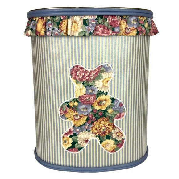 Decorated Metal Trash Can Waste Basket Teddy Bear Applique Floral Stripe Pattern - Picture 1 of 6